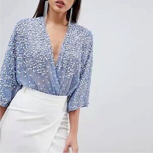 ASOS Design Sequin Plunge V Wrap Bodysuit Blouse